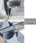 Close-up measuring thickness of heavy duty battle ready double layer stainless steel workbench with pegboard backing.