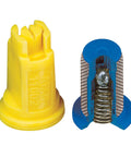 Close-up of yellow sprayer nozzle and blue filter component for ATV Sprayer With 25 Gallon Tank, 2.4 GPM Flow, 60 PSI, Folding 7 Nozzle Boom