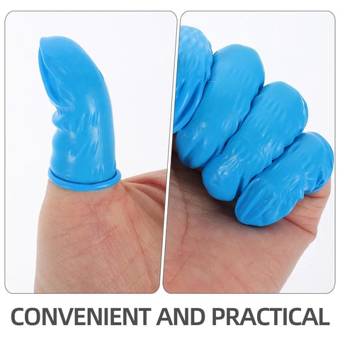 Built Tough 100 Piece Blue Nitrile Anti Static Sleeve Protectors For Tech Repair And Cleanroom Grind Reusable Finger Guards fitted on fingers.