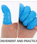 Bulk Pack Of 100 Blue Nitrile Finger Sleeves Offering Antistatic Barrier For Dirty Jobs And Cleanrooms Plus Snug Healing Guards on fingers.