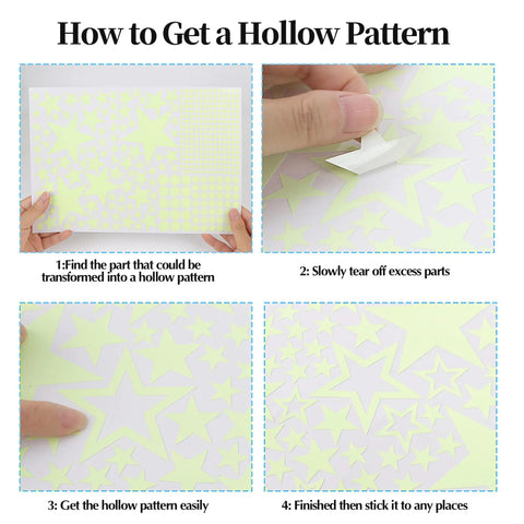 Glow In The Dark Stars Ceiling Set step-by-step guide showing how to peel and apply star pattern decals for wall or ceiling decoration.