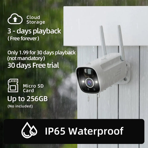 2K Wireless Outdoor Security Camera with Spotlight and 15000mAh Battery, IP65 Waterproof, mounted on wall in rain