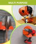 Multi-purpose wall rack holding a shovel, weed eater engine, and power drill, showcasing the Beefy Wall Mount Trimmer Rack For Weed Eater And Hedge Trimmer, Heavy Duty Garden Tool Organizer Compatible With Stihl Kombi Attachments, Durable Steel Power Tool Holder For Garage.