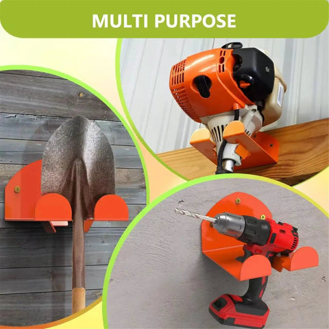Multi-purpose wall rack holding a shovel, weed eater engine, and power drill, showcasing the Beefy Wall Mount Trimmer Rack For Weed Eater And Hedge Trimmer, Heavy Duty Garden Tool Organizer Compatible With Stihl Kombi Attachments, Durable Steel Power Tool Holder For Garage.
