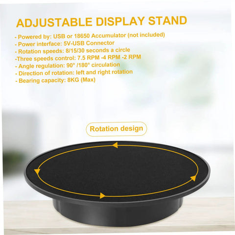 Smooth Rotating Jewelry Display Stand With Adjustable Speed Motorized Turntable For Retail Store Showcase And Product Photography Features black base showing rotation design and USB connection.