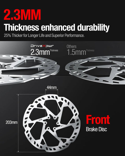 Beefy 203Mm Thickened Front Brake Disc Rotor showcasing 2.3mm thickness comparison with other rotors.