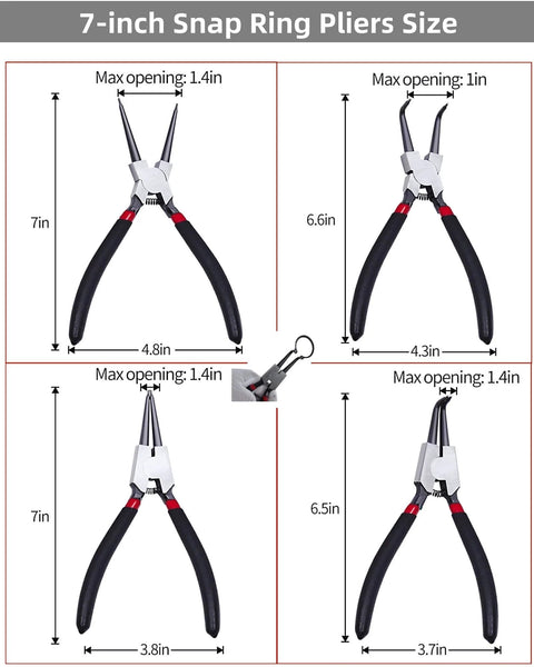 4 Piece 7 Inch Snap Ring Pliers Set With Internal And External Circlip Pliers, Straight And 90 Degree Angled Jaws sizes shown