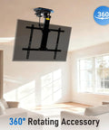 Heavy Duty 360 Degree Turntable Base For Ceiling TV Mounts Smooth As Butter Swivel Upgrade Kit With All Hardware Included, black steel mount in living room.