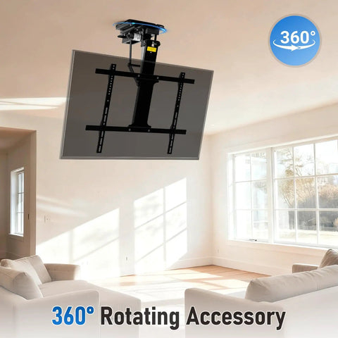 Heavy Duty 360 Degree Turntable Base For Ceiling TV Mounts Smooth As Butter Swivel Upgrade Kit With All Hardware Included, black steel mount in living room.