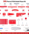 Hands On Airplane Model Kit For Kids And Teens 201 Piece Build Your Own Aircraft Toy STEM Educational Project For Ages 8 12 Clear Manual Gift For Boys And Girls Red displaying all 201 red and silver parts with tools