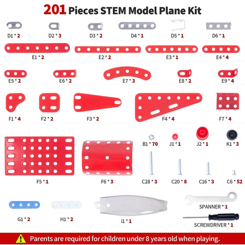Hands On Airplane Model Kit For Kids And Teens 201 Piece Build Your Own Aircraft Toy STEM Educational Project For Ages 8 12 Clear Manual Gift For Boys And Girls Red displaying all 201 red and silver parts with tools