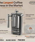 Big Batch French Press Coffee Maker That Will Not Quit Double Wall Stainless Steel Plastic Free Insulated Brewer Holds Sixteen Cups Half Gallon Size side view with measurements and dual filter system.