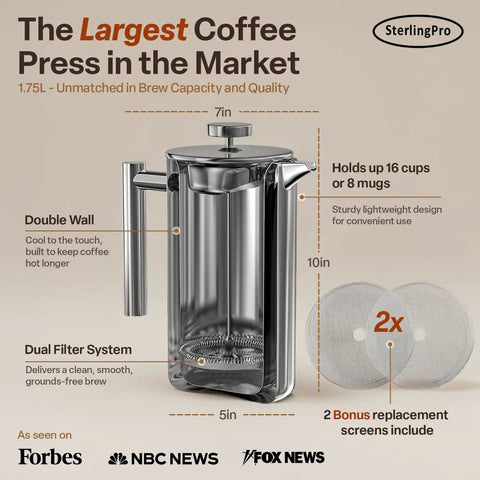 Big Batch French Press Coffee Maker That Will Not Quit Double Wall Stainless Steel Plastic Free Insulated Brewer Holds Sixteen Cups Half Gallon Size side view with measurements and dual filter system.