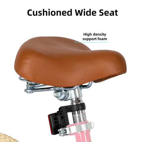 Cushioned seat detail of 14 Inch Pink Princess Kids Bike For Girls Aged 3 to 5 with Training Wheels Basket Durable Steel Frame Adjustable Soft Seat