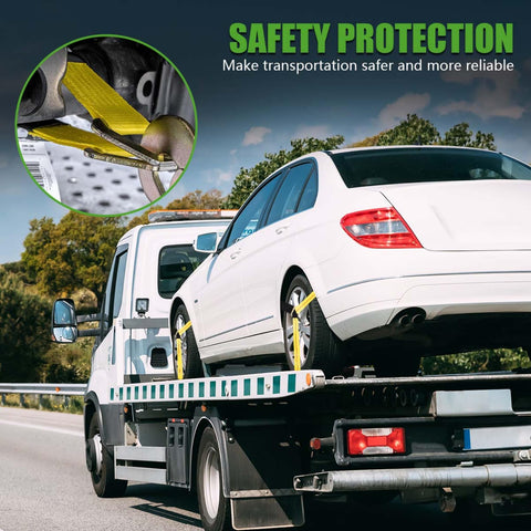 Car secured with 2 Pack 36 Inch By 2 Inch Axle Tie Down Straps With Protective Sleeves And D Rings, Heavy Duty Car Tie Down Straps