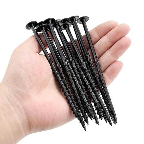 Hand holding Heavy Duty 14 By 5 Lag Screws For Exterior Wood Decks And Timber, 50 Piece Set, washer head, serrated threads