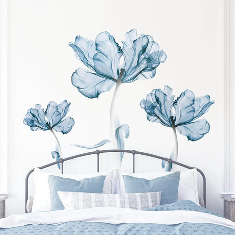 Large Dope Blue Floral Wall Decal Set For Bedroom, Living Room, Office, And TV Backdrop displayed above bed