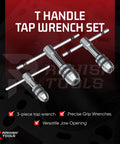 Three Piece T Handle Tap Wrench Set With Jaw Openings 1/16 To 5/32, 5/32 To 1/4, And 1/4 To 1/2 Inch on black background