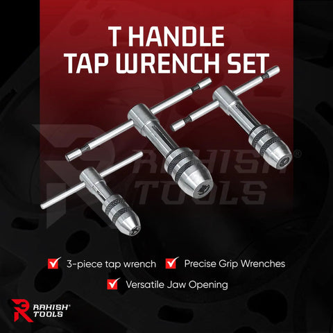 Three Piece T Handle Tap Wrench Set With Jaw Openings 1/16 To 5/32, 5/32 To 1/4, And 1/4 To 1/2 Inch on black background