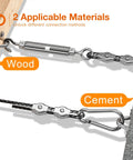 164 Ft Nylon Coated Stainless Steel Cable Hanging Kit for Outdoor String Lights, wood and cement installation options shown.