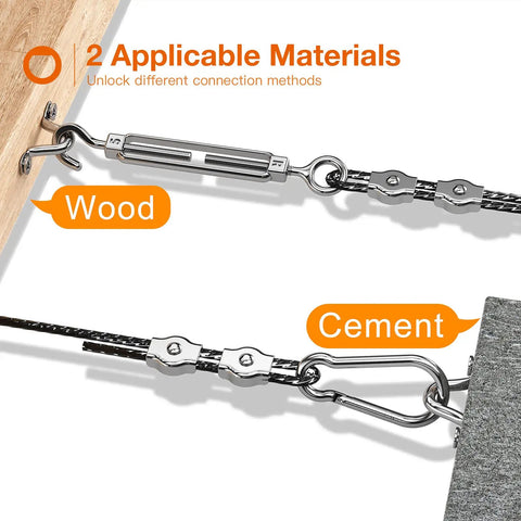 164 Ft Nylon Coated Stainless Steel Cable Hanging Kit for Outdoor String Lights, wood and cement installation options shown.