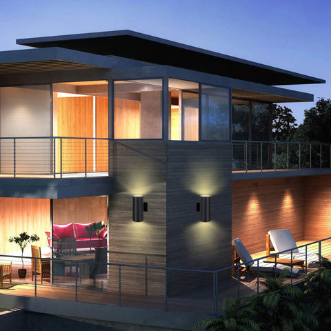 Modern house with dusk to dawn sensor outdoor wall light with up and down lighting, no switch needed, on exterior wall