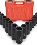 Heavy Duty One Half Inch Impact Socket Set, Fourteen Piece Six Point, SAE Sizes Three Eighths Inch To One Quarter Inch, Deep Sockets, Cr-V Steel