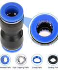 Get Your Hands On These 30 Pieces Of Quick Connect Air Hose Fittings Straight Up For 1/4 Inch And Bigger Tubes Made To Fit Perfectly Without Leaks Or Hassle In Your Shop black 10mm push-in fitting with blue release collar, close-up