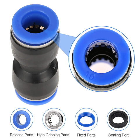 Get Your Hands On These 30 Pieces Of Quick Connect Air Hose Fittings Straight Up For 1/4 Inch And Bigger Tubes Made To Fit Perfectly Without Leaks Or Hassle In Your Shop black 10mm push-in fitting with blue release collar, close-up