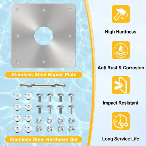 8x8 Inch Pool Water Return Repair Kit For Above Ground Pools with stainless steel plate, drill bit, and hardware displayed