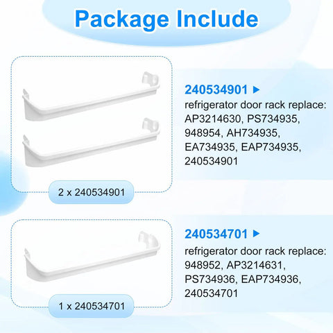 Three Pack Refrigerator Door Shelf Replacement Kit Includes 240534701 And 240534901 Rails Replaces AP3214631 PS734936 948952 displayed