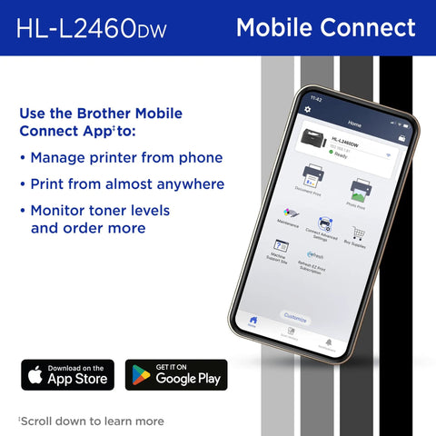 Image of a smartphone displaying the Brother Mobile Connect App interface for Wireless Compact Monochrome Laser Printer With Duplex Printing.