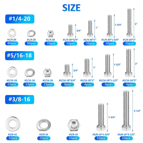 260 Piece Heavy Duty Grade 304 Stainless Steel Hex Bolts And Nuts Assortment Kit size chart showing various screws and washers.