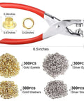 1203Pcs Grommet Eyelet Pliers Tool Kit With 1/4 Inch Eyelets And Washers, shows pliers and 600 gold and silver eyelets and washers