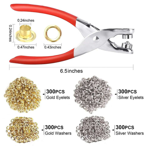 1203Pcs Grommet Eyelet Pliers Tool Kit With 1/4 Inch Eyelets And Washers, shows pliers and 600 gold and silver eyelets and washers