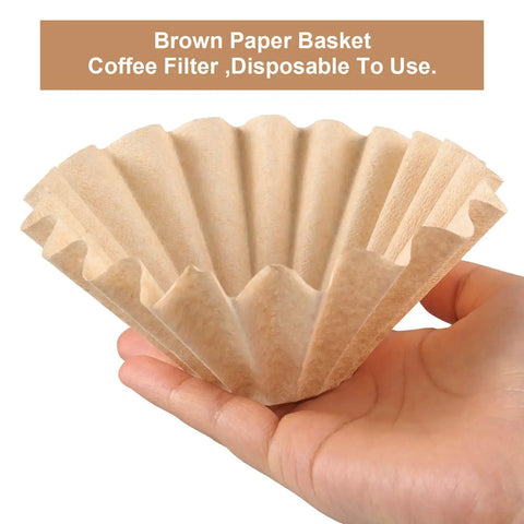 Hand holding brown basket-style coffee filter, Bulk 100 Count One To Four Cup Disposable Coffee Filters Natural Brown Unbleached Basket Style