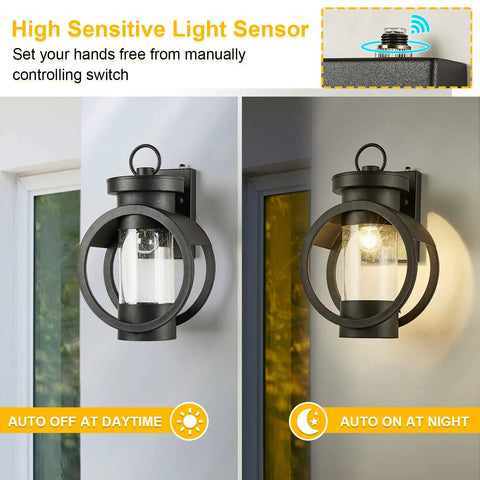 Outdoor Wall Light With Dusk To Dawn Sensor No Fuss Auto On Auto Off Waterproof Exterior Lamp In Matte Black with Seeded Glass