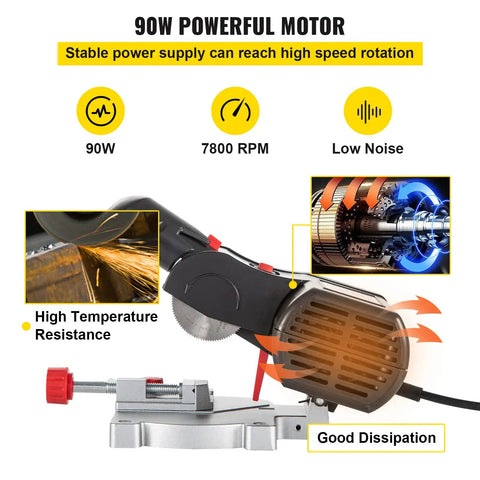 Close-up of a 90W motor showing features of a 110V Mini Miter Cut Off Chop Saw With Dual Two and Five Sixteenths Inch Blades