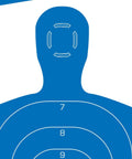 EZ-Aim Silhouette Targets 4 Pack For Shooting And Practice High Visibility Human Body Paper Targets in blue, close-up of head and shoulders.