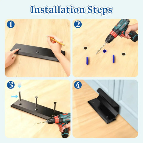 Installation steps for Top Shelf Heavy Duty Door Barricade Security Lock with aluminum brace on floor.