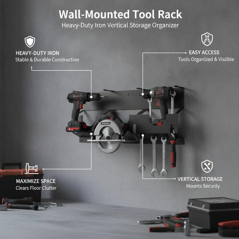 Heavy Duty Iron Wall Mounted Tool Rack For Garage And Workshop Vertical Storage Organizer with tools displayed for easy access.