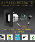 4 Pack Black 4 Inch LED Ceiling Light Square Retrofit Can Light With 5CCT Adjustable 2700K To 5000K Dimmable 750 Lumens 11W ETL JA8 T24