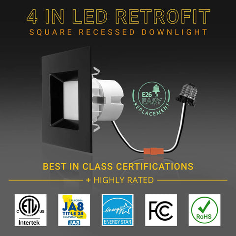 4 Pack Black 4 Inch LED Ceiling Light Square Retrofit Can Light With 5CCT Adjustable 2700K To 5000K Dimmable 750 Lumens 11W ETL JA8 T24