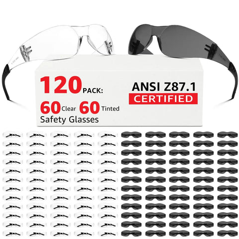 Bulk Safety Glasses Pack 120 Mixed Clear And Sunglasses ANSI Z87.1 Eye Protection for indoor and outdoor construction work.
