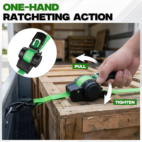 Heavy Duty Retractable Ratchet Straps Four Pack With Dual Pawl Lock One Inch By Eleven Feet Self Retracting Cargo Tie Downs for secure pulling action.