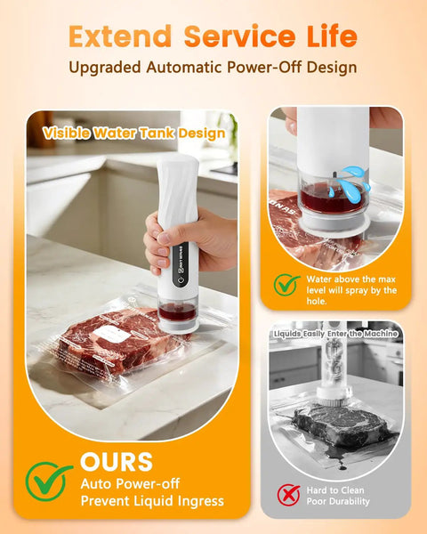Portable Vacuum Sealer For Food With 80kPa Suction And Lock Function in use sealing steak with visible water tank