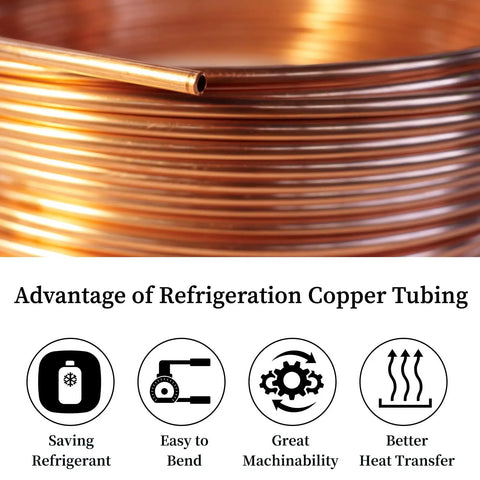 Three Eighth Inch Outer Diameter Copper Tubing Coil Fifty Foot Length 0.328 Inch Inner Diameter Pro Grade Refrigeration ACR Tube UNS C12200 ASTM B280 Soft Seamless Round Copper Tube For HVAC Pros And DIYers benefits infographic