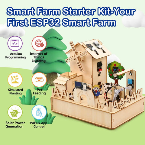 ESP32 IoT Smart Farm Kit for Arduino Scratch App Controlled STEM Coding Kit with Sensor Pack Hands On Wood House Building Toy Educational STEM Kit for Kids 12 Plus Learn Smart Agriculture and Home Automation. Wooden farm house kit with sensors, windmill, solar and WiFi