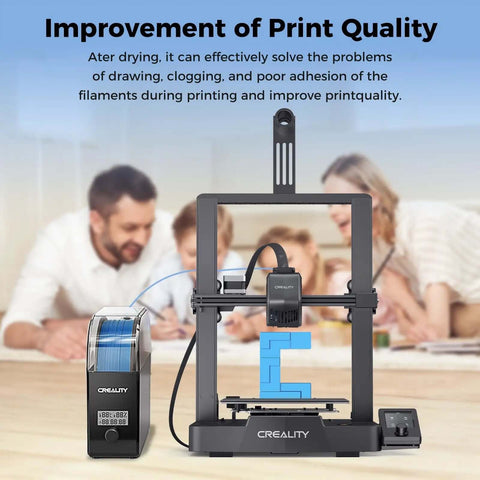 Filament Dryer Box Pro with Fan for 3D printing, 360 degree heating dehydrator for 1.75/2.85mm PETG PLA TPU ABS Nylon shown next to printer.