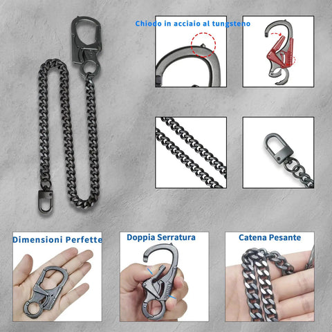 Beefy Wallet Chain For Men With Lockable Carabiner And Tungsten Steel Car Window Breaker showcased with detailed features.